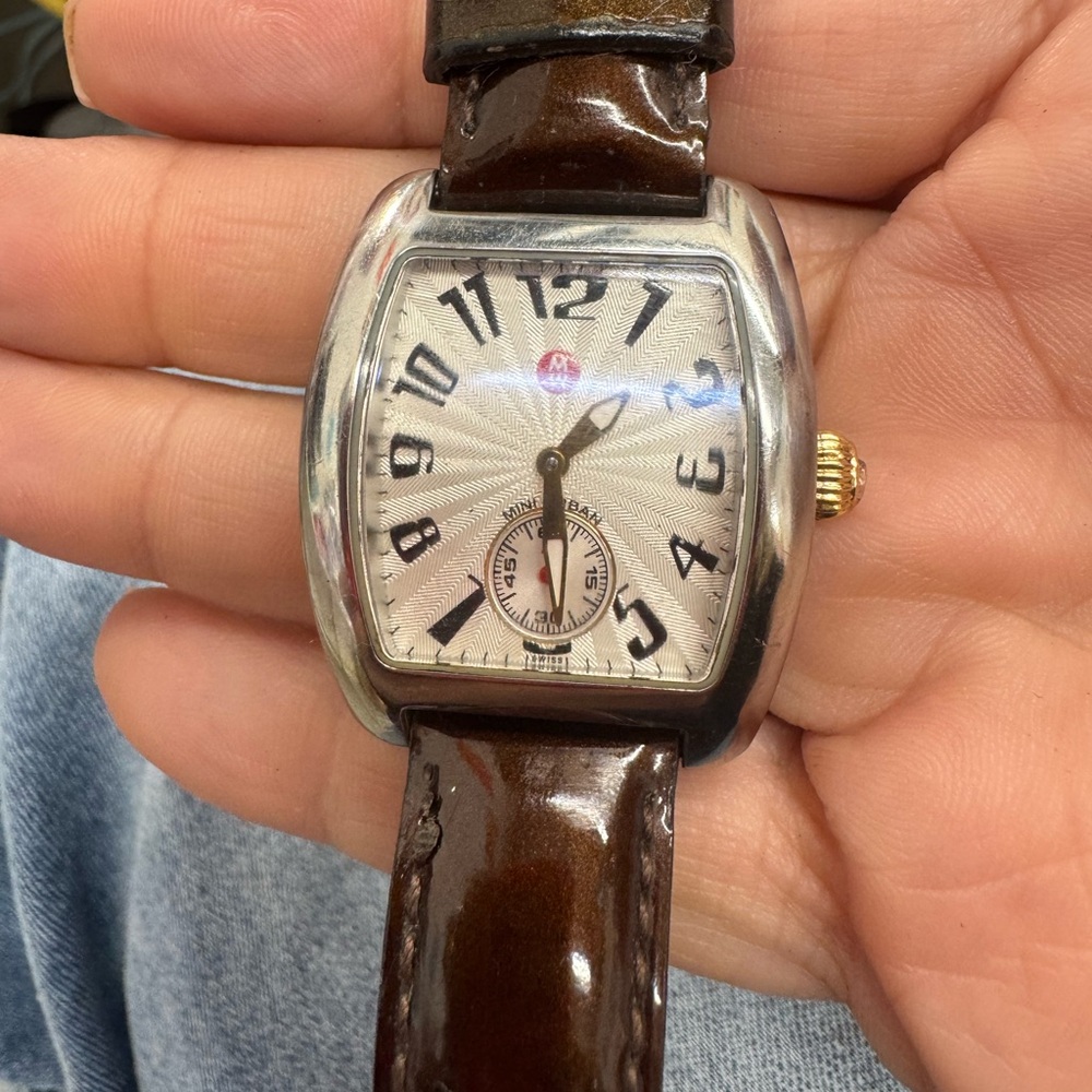 Michele Silver Mini Urban Watch with Brown Leather Strap
